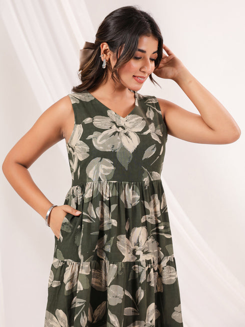 Janasya Women's Olive Green Linen Cotton Floral Printed Tiered Dress